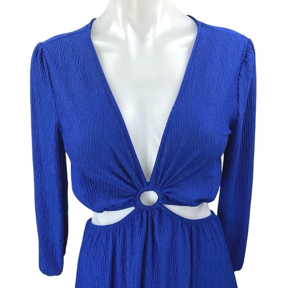 Monteau Blue Half Sleeve Cutout Deep V Neck Pleated A Line Mini Dress Size M - Picture 3 of 5